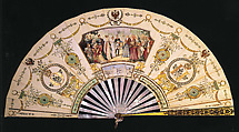 Imperial Bridal Fan, House of Carl Fabergé, Polychromed parchment, nacre, guilloché enamel, yellow and rose gold, rose- and briolette-cut diamond, Russian, St. Petersburg