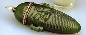 Perfume Flacon in the Mandarin Mask style, House of Carl Fabergé, Nephrite, diamond, pearl, rose gold, cork, Russian, St. Petersburg
