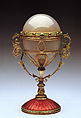 Oviform Perfume Flacon, House of Carl Fabergé, Agate, gold, cabochon ruby, guilloché enamel, Russian, St. Petersburg