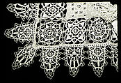 Standing band (collar) with tassels, Cutwork, needle lace, reticello, punto in aria, embroidery, linen, possibly French