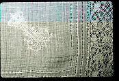 Handkerchief, Bobbin lace, Binche, drawnwork, linen, French