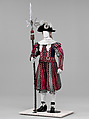 Ceremonial Uniform of the Cent-Suisses, Silk and velvet (uniform), gold-plated iron (halberd), linen and flax (collar), leather and gold embroidery (gloves), French
