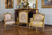 Armchair (fauteuil à la reine) and Fire Screen, Jean-Baptiste II Tilliard  French, Carved and gilded walnut; covered in lampas brocade (modern)