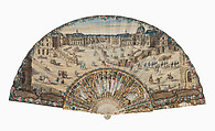 View of the Town and Château de Versailles, Single paper leaf, painted in gouache over engraving, with gilt paper trim; sticks and guards: carved and pierced ivory, decorated with gilding, gouache, and mother-of-pearl, French