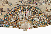 View of the Town and Château de Versailles, Single paper leaf, painted in gouache over engraving, with gilt paper trim; sticks and guards: carved and pierced ivory, decorated with gilding, gouache, and mother-of-pearl, French