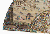 View of the Town and Château de Versailles, Single paper leaf, painted in gouache over engraving, with gilt paper trim; sticks and guards: carved and pierced ivory, decorated with gilding, gouache, and mother-of-pearl, French