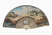 View of the Town and Château de Versailles, Single paper leaf, painted in gouache over engraving, with gilt paper trim; sticks and guards: carved and pierced ivory, decorated with gilding, gouache, and mother-of-pearl, French