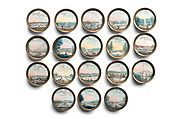 Set of Eighteen Buttons with Views of the Palace and Gardens of Versailles, Gouache on ivory; glass, French