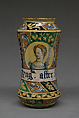 Pharmacy jar (albarello), Maiolica (tin-glazed earthenware), Italian, Castel Durante or Sicily