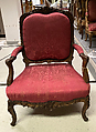 Armchair, Carved walnut; brocatelle upholstery, French