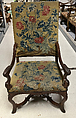 Armchair, Carved walnut, wax-polished; embroidered cover, French