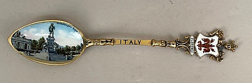 Souvenir spoon with view of a statue of Michelangelo's David on stepped foundation and arms of Florence, Silver-gilt and enamel, European