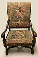 Armchair, Carved walnut; wool and silk tapestry covers, probably Beauvais (not original to the frame), French