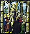 A donor and his sons protected by his patron, a bishop, Stained glass, Flemish