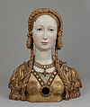 Reliquary bust of a companion of Saint Ursula, Oak, polychromed and gilt on plaster ground; glass opening for relic, Belgian, possibly Brussels
