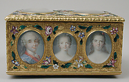 Double snuffbox, Jean Ducrollay (French, born 1709, master 1734, recorded 1760), Gold, enamel, vellum, gouache, glass, French, Paris