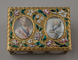 Double snuffbox, Jean Ducrollay (French, born 1709, master 1734, recorded 1760), Gold, enamel, vellum, gouache, glass, French, Paris