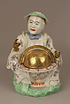 Pair of seated figures with globes, Chantilly (French), Soft-paste porcelain painted with colored enamels over tin glaze; gilt bronze, French, Chantilly