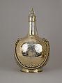 Pilgrim bottle (one of a pair), William Elliott (British, London 1762–1854 London), Gilt silver, cork, British, London