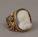 Cameo of Hercules set in ring, 18k gold, chalcedony cameo, probably Italian