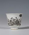 Beaker with “Posteleӱn Verkooping” (porcelain selling), Decorated in the Workshop of Daniel Preissler (Bohemian, Prague, active 1675- 1733 Kunstàt), Jingdezhen hard-paste porcelain with enamel decoration, Chinese, Jingdezhen with Bohemian, Kronstadt (present-day Kunstàt, Czech Republic) decoration