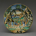 Plate with Joseph sold by his brothers, Workshop of Andrea da Negroponte, Maiolica (tin-glazed earthenware), Italian, Castel Durante