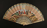 Fan, Fernando Coustellier and Co., Hand-colored etching on paper; painted parchment; ivory, silver, French, Paris