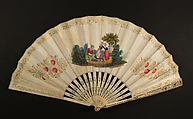 Fan, Fernando Coustellier and Co., Hand-colored etching on paper; painted parchment (verso); ivory, silver, French, Paris