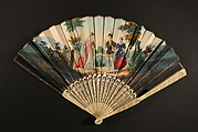 Folding Fan with Scene of Figures in a Landscape, Hand colored on printed paper; ivory, French with Chinese sticks