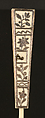 Folding Fan with Representations of Musical Instruments, Musicians and a Fisherman in a Landscape, with calendar, Hand-colored etching on paper; ivory, metal; printed paper, Chinese with European sticks
