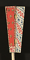 Folding Fan with Representations of Musical Instruments, Musicians and a Fisherman in a Landscape, with calendar, Hand-colored etching on paper; ivory, metal; printed paper, Chinese with European sticks