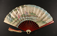 Lorgnette Fan with Scene of Figures in a Courtyard Garden, Paper, ivory, and silk, Chinese, for the European Market