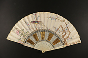 Folding Fan with Trompe l'Oeil Representations of Fans, Scrolls, and Figure Groups, Gouache on parchment; gilded ivory, Chinese, for the European Market