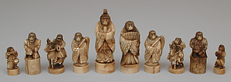 Chessmen (32) in the form of anthropomorphized monkeys, Ivories (bone and horn), Japanese