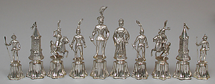Chessmen (32) and board, Silver, silver gilt, German