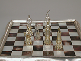 Chessmen (32) and board, Silver, silver gilt, German