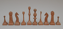 Chessmen (30) and box, Carved by Byron W. Stanton, Wood, American