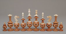 Chessmen (32) and box-board, Wood, bone, Mexican, Paracho