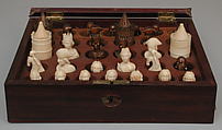 Frenchmen and African chessmen (32) and box, Ivory, mahogany, brass, French, Dieppe