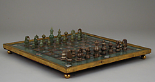 Chessmen (32) and board with box, Jade, brown onyx marble, bronze, mother-of-pearl, Indian