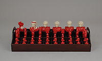 Chessmen (72) with box-board for "double" chess, François Gilot (French), Ivory: stained and natural; ebony, French