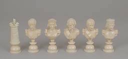 Chessmen (72) with box-board for "double" chess, François Gilot (French), Ivory: stained and natural; ebony, French