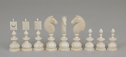Chessmen (72) with box-board for "double" chess, François Gilot (French), Ivory: stained and natural; ebony, French
