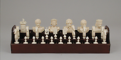 Chessmen (72) with box-board, François Gilot (French), Ivory: stained and natural; ebony, French