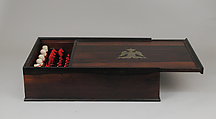 Chessmen (72) with box-board for "double" chess, François Gilot (French), Ivory: stained and natural; ebony, French