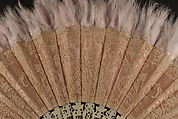 Fan, Lace, pink satin, feathers, paper; ivory, French