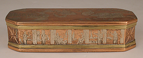Tobacco box with scenes from life of Jonah, Brass, copper, silver, Dutch