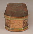 Tobacco box with scenes from life of Jonah, Brass, copper, silver, Dutch