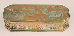 Tobacco box with scenes from life of Jonah, Brass, copper, silver, Dutch