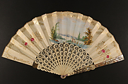 Fan with depiction of Spanish folk costume, Hand-colored lithograph; hand-painted parchment; ivory, gold leaf, sequins, silver gilt, enamel, mother-of-pearl, silver luster paper, metal, Spanish